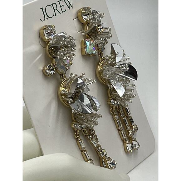 J. Crew White Crystal and Sequin Gold Tone Drop Dangle Earrings Shiny Bling New - Picture 9 of 13